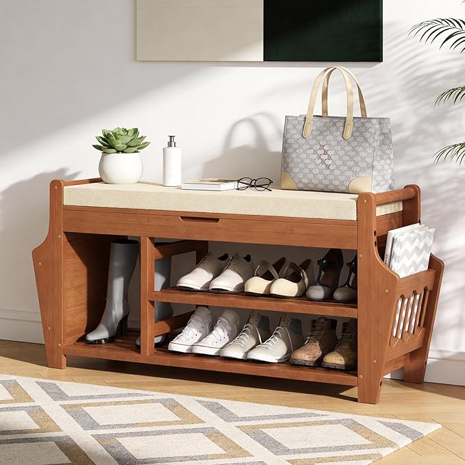 47.2in Shoe Bench Entryway - Bamboo Shoe Rack Bench with Storage, Shoe Rack Organizer with Cushion, 2 Side Holder, Holds Up tp 330lbs for Front Door Entrance, Living Room