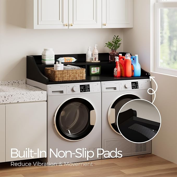 2-Tier Washer Dryer Topper,54" x 27.6" Washer Dryer Countertop with Non-Slip Mat, Laundry Room Organizer with Storage Shelf for Folding & Sorting Clothes, Black