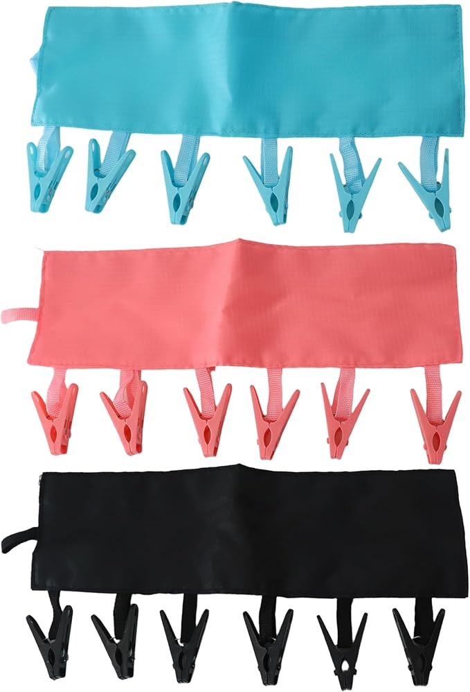 Mini Clothespins Travel Hangers 3-Pack: Foldable Portable Clothes Hangers w/ 6 Clips for Swimsuit, Towel & Sock Drying Rack - Cruise, Dorms, Travel (Black, Blue, Red)