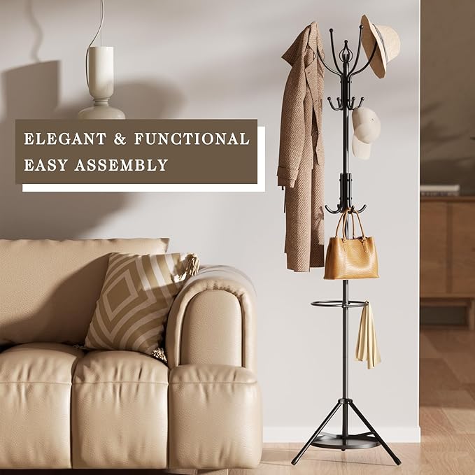Coat Rack Freestanding - 67" H Black Metal Coat Rack Stand with Umbrella Holder with 12 Hooks for Bathroom Bedroom Entryway Living Room & Office for Hats, Coats, Scarves, Handbags
