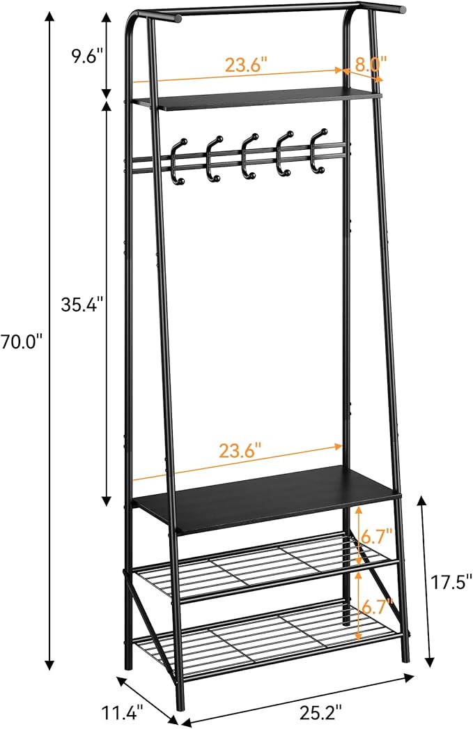 Coat Rack Shoe Bench with Single-Row 5 Hooks 60cm Width, 3-Tier Shelf Entryway Hall Tree with Storage, Metal Frame Multifunctional Organizer, 4-in-1 Coat Rack for Bathroom, Hallway.Black.