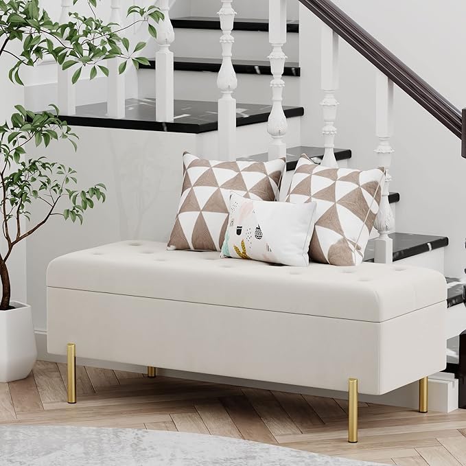Andeworld Velvet Storage Bench, Modern Bedroom Bench, Upholstered Tufted Large Settee Ottoman with Storage Bench for Bedroom,Living Room,Entryway, Ivory
