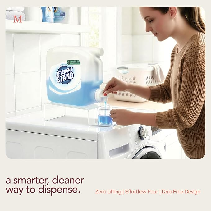 Liquid Laundry Detergent Dispenser Riser Organizer - 2 Pack Clear Acrylic Holder with Gravity Flow Base and Cap Station, Universal Fit Stand Keeps Bottles Stable and Clean, Easy Wipe Care