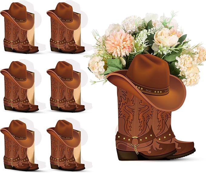 Domensi 8 set Western Cowboy Boots Flower Boxes Centerpiece Boot Shape Box Decorations Western Theme Party Boot Gift for Cowboy Cowgirl Birthday Party Baby Shower Wedding Supplies(Brown,Classic)