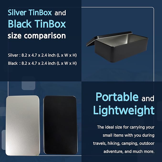Black Metal Tin Box Lids - Large Containers, Holder for Keeping Car Keys, Cookie, Pencil Case, 8.2 x 4.7 x 2.4 inch