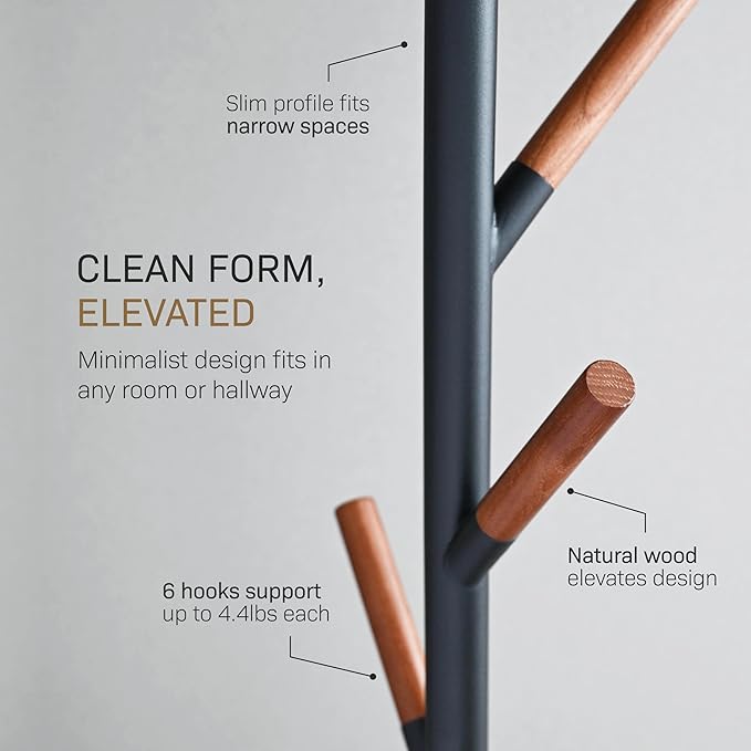 YAMAZAKI Home Freestanding Coat Rack Stand – Modern Coat Tree With Wooden Hooks, Standing Coat Hanger For Entryway, Sturdy Weighted Base, Steel, White, Easy Assembly, 70" - Steel