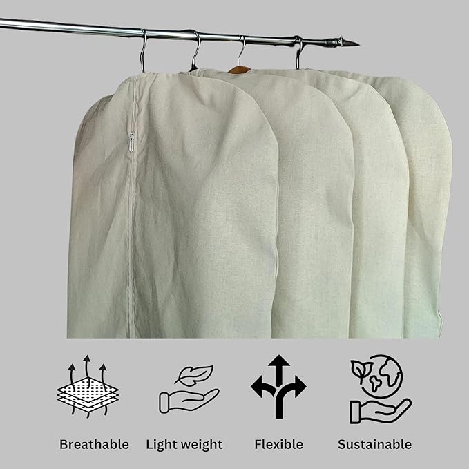 Premium 100% Cotton Cover – 60" Off-White Soft Fabric Suit Cover with YKK Zipper – Breathable, Washable, Dust-Proof Storage for Suits, Long Coats, Dresses, Jackets & Travel/Closet Use