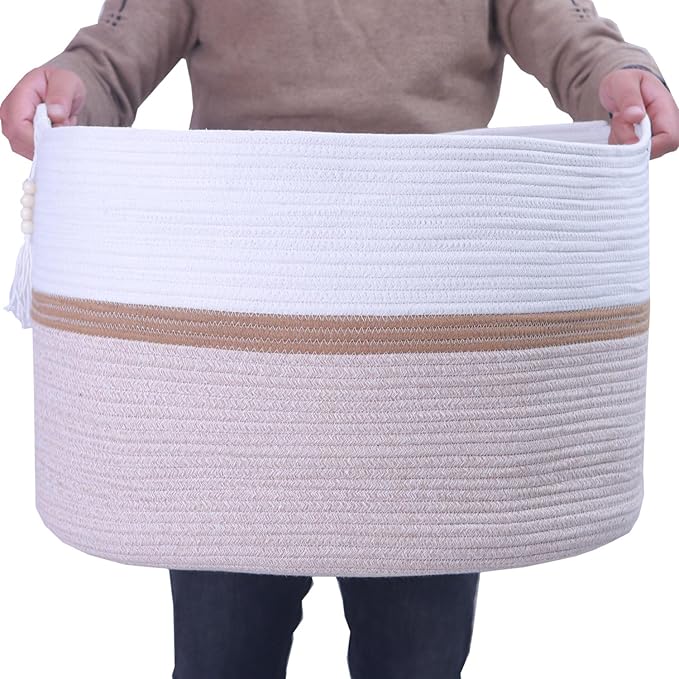 Cotton Rope Storage Bin,Natural Handmade Woven Hamper for Living Room,Blanket Basket for Clothes, Pillows, Towels (brown, 100L)