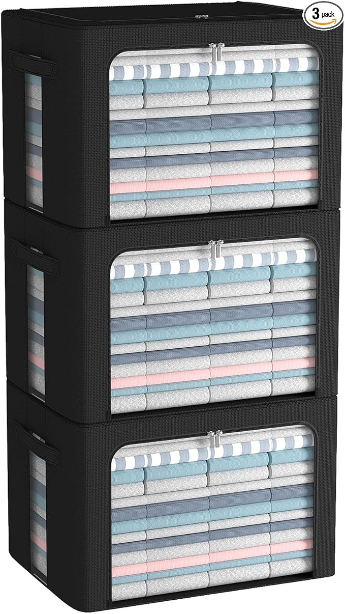 CYhom 3Pack Foldable Storage Bins - Frame Storage Box Linen Fabric Stackable Clothes Container Organizer with Clear Window & Carry Handles Large Capacity (Large-66L, Black)