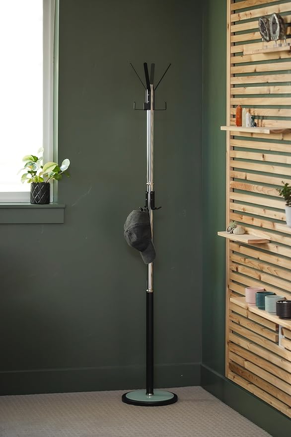 Coat Rack with Brushed Steel Finish – Space-Saving Entryway Organizer Perfect for Coats, Bags, Purses and Hats. Stand with12 Black Hooks and Tempered Glass Base, Perfect for Home & Office 69'' Tall