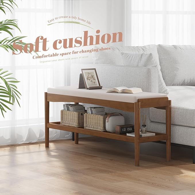 Shoe Bench Entryway Bamboo 2-Tier Shoe Rack with Cushion Padded Seat Shoe Bench Organizer Stable for Entry, Hallway, Living Room, Bedroom, Closet (39.4 * 11.4 * 16.5IN, Brown-Beige)