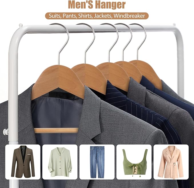 20-Pack Wooden Hangers, Schima superba Hanger, Natural Wood Suit Hangers with Non-Slip Trouser Bars, Hanger for Shirts, Jackets, Dresses, Wedding Dresses