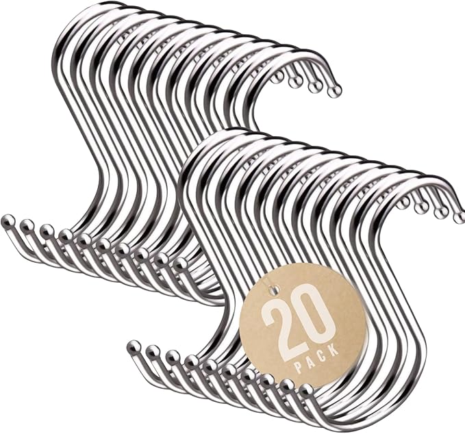 Performore Powerful 3" Metal S-Shaped Silver Hooks Hangers Heavy-Duty Stainless Steel Nickel Hanger Storage Rack for Closet, Work Shop, Bathroom, Garden, House Kitchen (20 Pack)