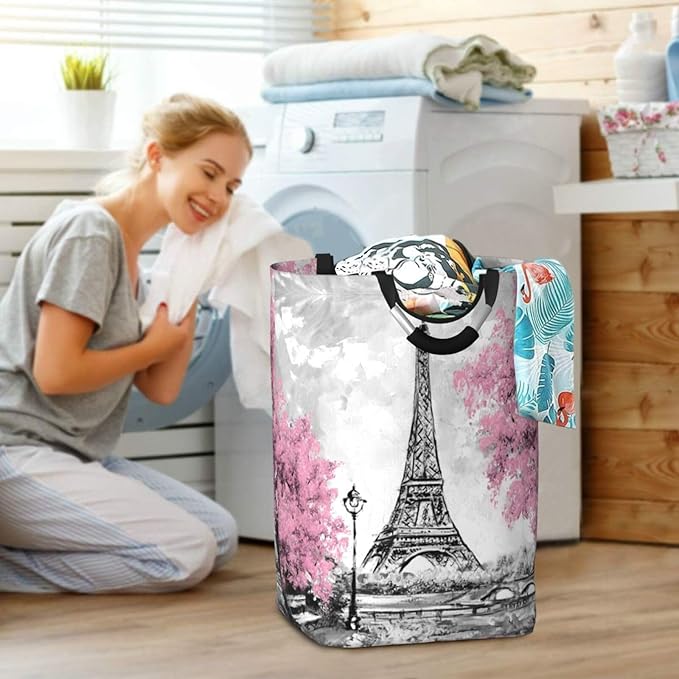 Retro Paris Eiffel Tower Laundry Hamper Storage Basket Toys Clothes Organizer Bin For Home Bathroom Bedroom Dorm Nursery, 52l