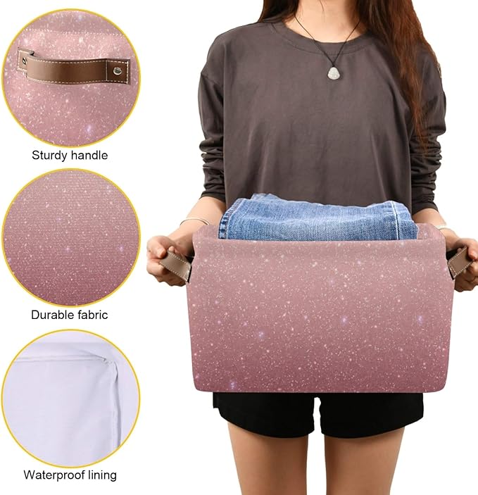 Rose Gold Sequins Storage Basket Bin, Large Cube Storage Box Canvas Collapsible Storage Organizer for Home Office Closet, Valentine's Day Gifts - 15 L x 11 W x 9.5 H