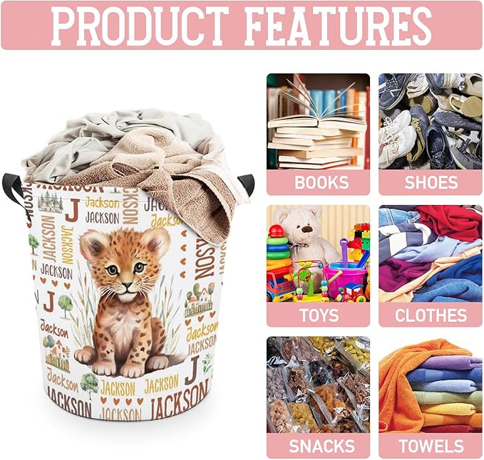 Tiger Laundry Basket,Custom Laundry Hamper with Name,Personalized Tiger Gifts for Boys Girls,Customize Collapsible Laundry Basket for Bedroom Bathroom,S-16.5"x 13.8"