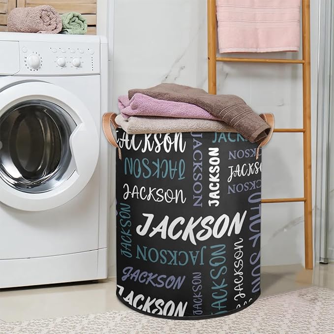 Custom Name Large Laundry-Basket for Kids-Boys-Girls, Personalized Foldable Waterproof Laundry Hamper Dirty Clothes Toys Storage Bin with Handles,Black