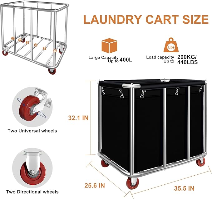 Commercial Laundry Carts with Wheels 11.35 Bushel Industrial Laundry Cart Basket Trucks Heavy Duty Large Laundry Carts Hampers Reinforced Steel Frame,440 lbs Load, Black