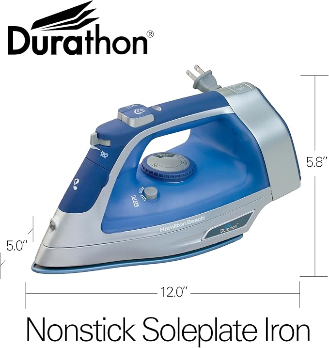 Hamilton Beach Steam Iron & Vertical Steamer for Clothes with Scratch-Resistant Durathon Soleplate, 8' Retractable Cord, 3-Way Auto Shutoff, Anti-Drip, 1500 Watts, Blue