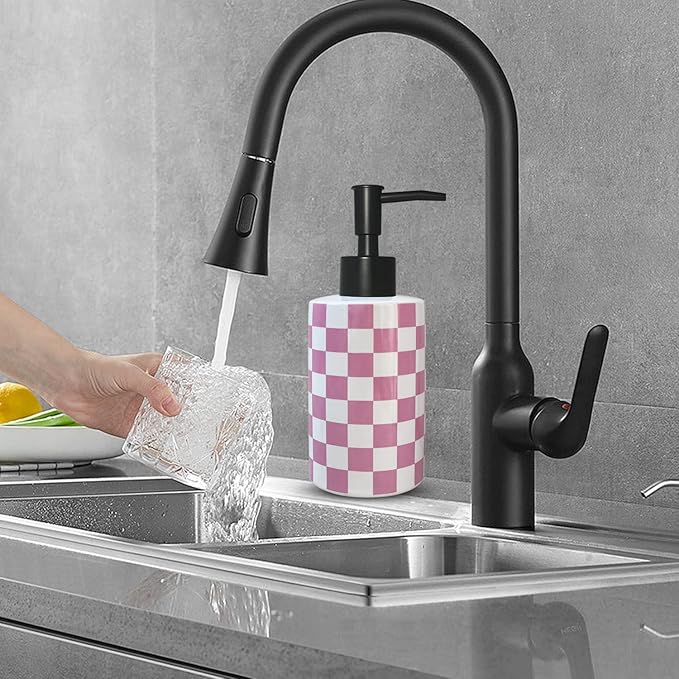 Bathroom Soap Dispenser with Matte Black Pump White Ceramic Soap Dispenser for Kitchen Checkerboard Empty Pump Bottle (Pink)
