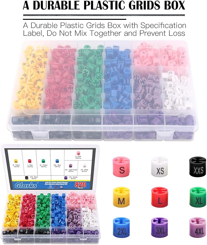 Glarks 820Pcs 9 Colors『XXS - 4XL』Colored Hanger Sizer Garment Size Markers Color Coded Size Clips Assortment Set Fit for 2-4mm Hanger Hook Used for Wire Hangers