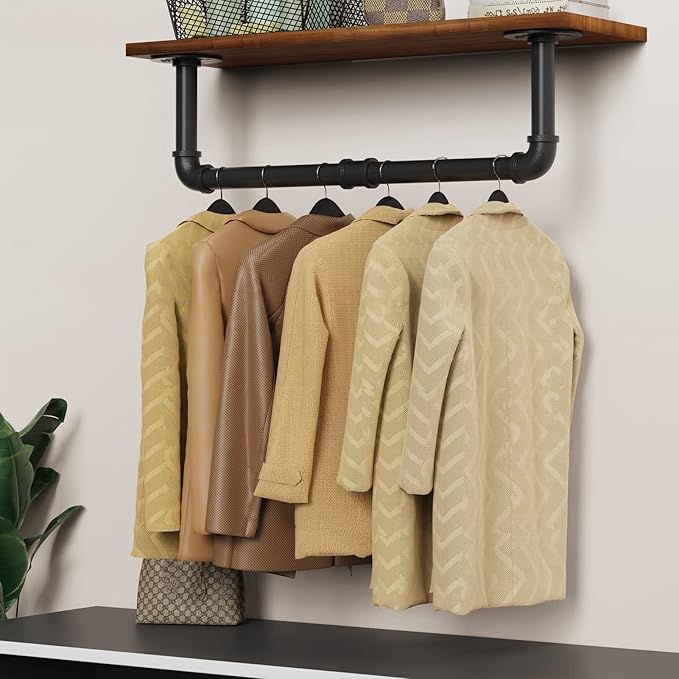 Wall Mounted Clothes Rack 31.5in, Industrial Pipe Wall Mount Clothing Rack, Heavy Duty Iron Garment Racks, Space Saver Multi-purpose Hanging Rod for Laundry Room, Closet Storage, 1 Pack