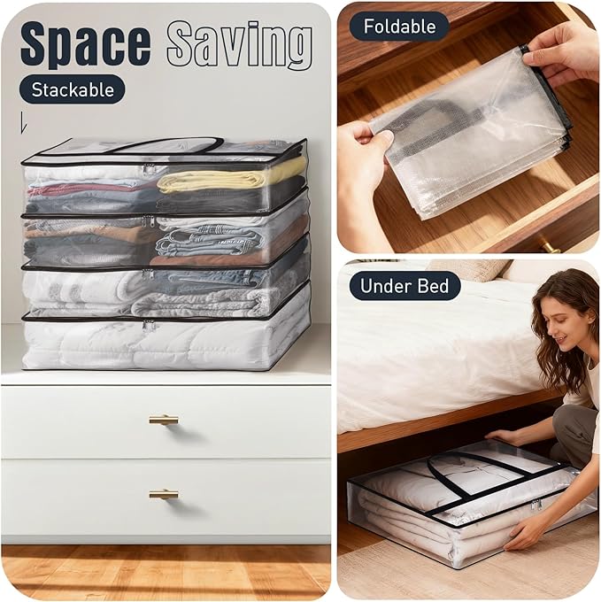 Clear Under Bed Storage Containers - 6 Pack Large Capacity Clothes Storage Bags with Lid & Sturdy Handles, Foldable Moving Bags, Clothing Organizer Totes for Bedding, Comforter, Sheet（90 L）