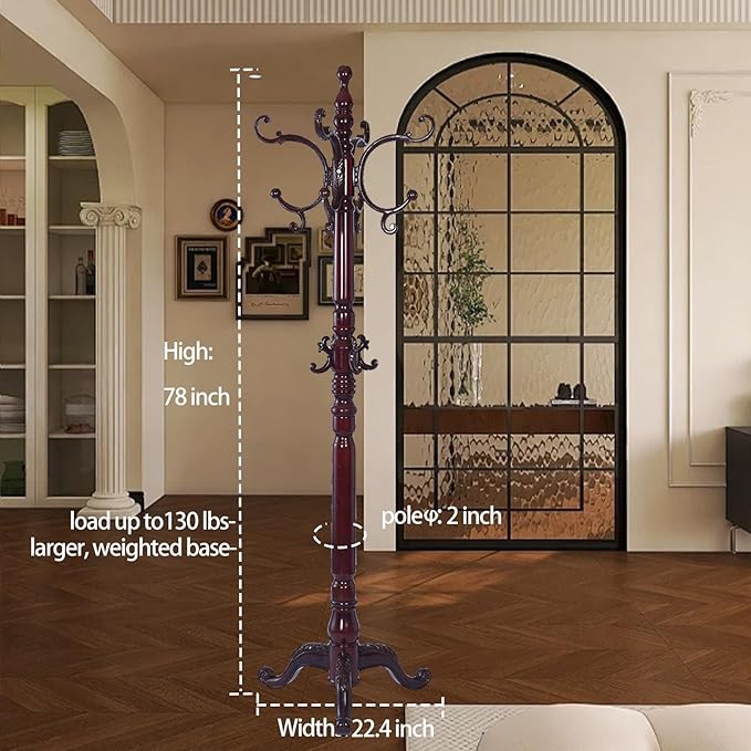 Wooden Coat Racks, Retro 78" Coat Tree with 12 Hooks & Stable Triangular Base, Entryway Coat Rack Freestanding for Hat, Clothes, Scarves, Handbags, Umbrella (Mahogany)