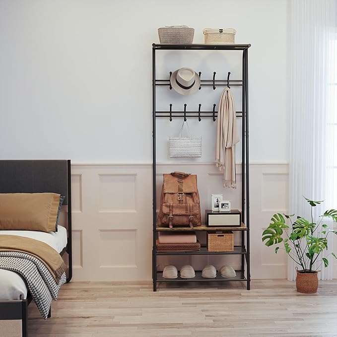 4-in-1 Entryway Organizer with 10 Double Row Hooks, Coat Rack and Shoe Storage Bench, Sturdy Metal Frame, Space-Saving Design for Living Room or Foyer, Rustic, 25.2" D x 11.4" W x 70" H