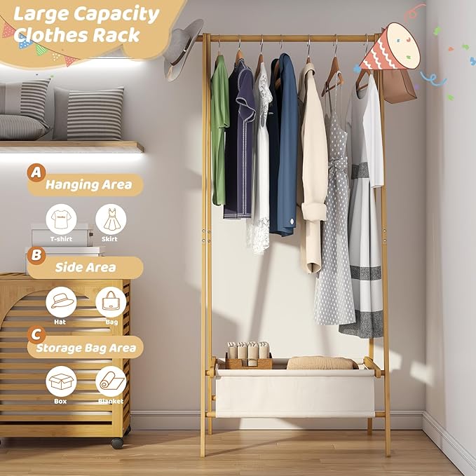 Clothing Rack with Storage Box, Dress Up Rack, Dress Up Storage, Large Foldable Bamboo Garment Stand with Hanging Rods, Dress Up Holder