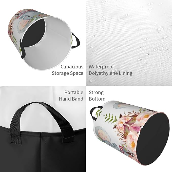 Watercolor Elephant Flower Personalized Laundry Hamper Custom with Name Collapsible Waterproof Storage Basket with Handles for Bedroom Clothes Toys.
