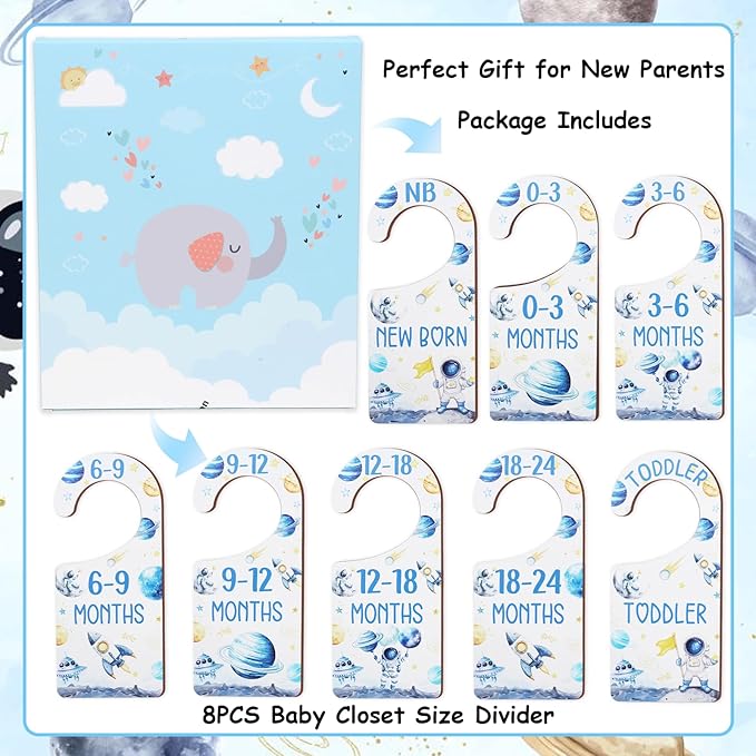 Baby Closet Dividers 8PCS, Outer Space Themed Wooden Double-Sided Clothes Size Hanger Organizer from Newborn to Toddler for Nursery Decor Baby Shower Birthday Gift Blue