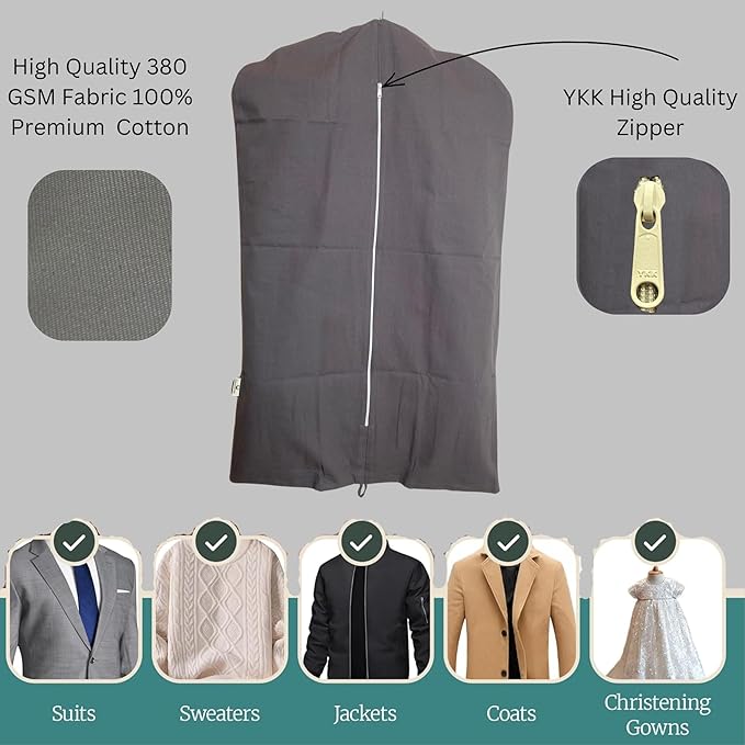 Premium 100% Cotton Garment Bags – 40" Gray Canvas Suit Cover with YKK Zipper – Breathable, Dust-Proof Storage for Suits, Coats, Dresses, Jackets & Travel/Closet Use