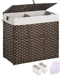 Greenstell Laundry Hamper with lid, No Install Needed, 130L Wicker Laundry Baskets Foldable 2 Removable Liner Bags, 2 Section Clothes Hamper Handwoven Rattan Laundry Basket with Handles, Brown