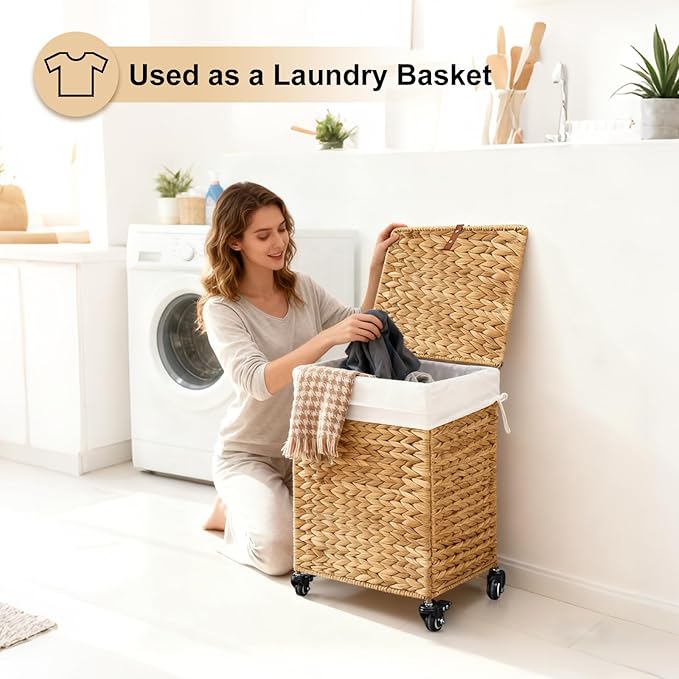 Handwoven Laundry Hamper with Wheels, Natural Water Hyacinth Rolling Laundry Basket with Lid and Removable Liner, Durable and Stylish for Bedroom, Bathroom, Laundry Room (Natural, 65L)