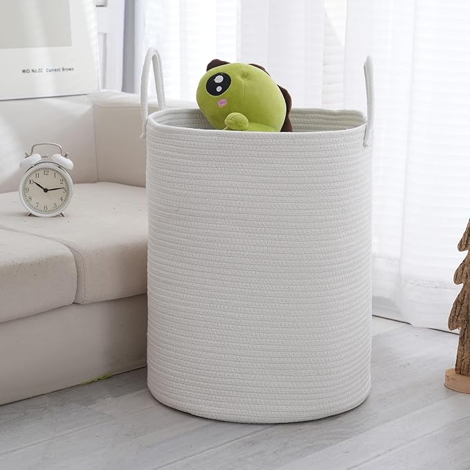 Woven Basket Nursery Laundry Hamper with Handles, Clothes Storage Organizer, Woven Basket for Boy Room Decor, Toy & Blanket Storage Bin, 15x15x18 Inch, White, 1pc
