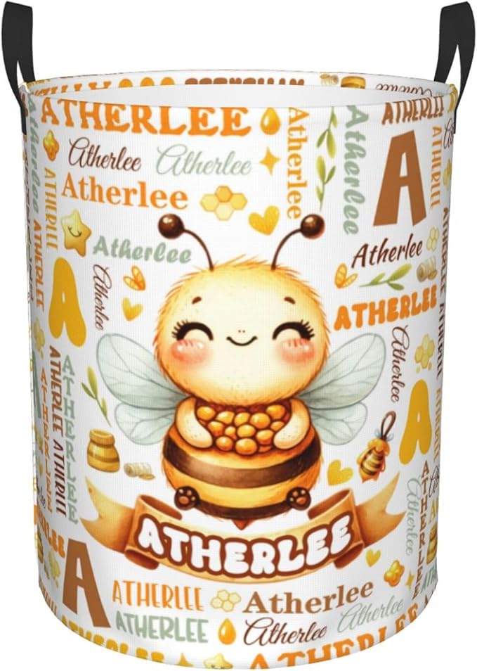 Personalized Bee Laundry Basket For Baby Kids Boys Girls Adult Custom Hamper Basket With Name For Bathroom Bedrooms Collapsible Baby, Dirty Clothes Hamper With Handles