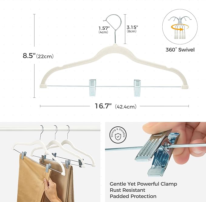 HOUSE DAY Velvet Hangers with Adjustable Clips 30 Pack, Non-Slip Suit Organizer with 360° Hook - Heavy Duty Hanger for Pants, Skirts, Blouses, Dresses - Outfit Hangers All-Season Space Saver (Ivory)