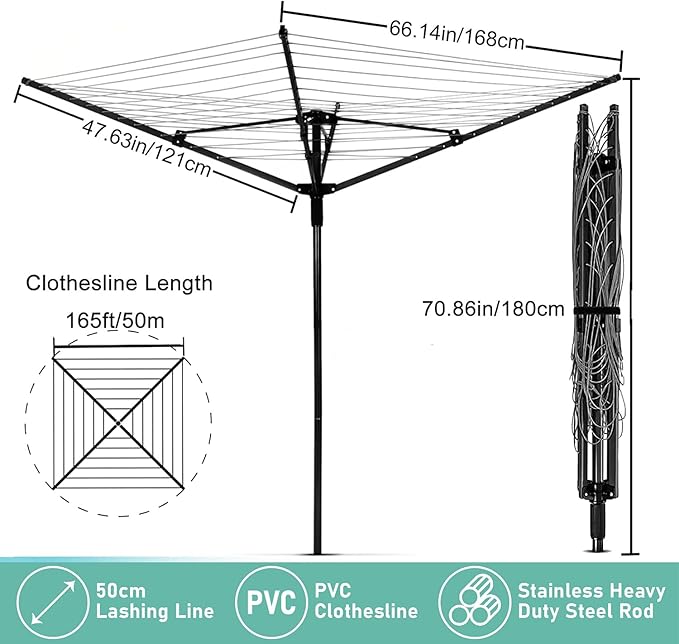 Nisorpa Outdoor Umbrella Drying Rack,12 Lines with 165 Feet Umbrella Clothesline Outdoor Dryer Clothes Line, 4 Arm Steel Frame Adjustable Height Retracting Collapsible Clothes Drying Rack for Backyard