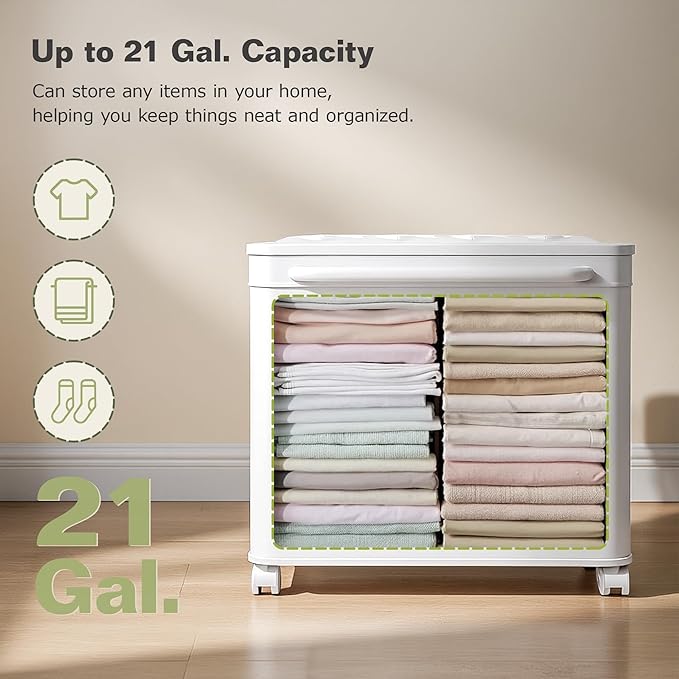 VECELO Rolling Storage Bins with Lid, Plastic Organizers Cart with Wheels & Handle, Foldable Storage Containers for Laundry, Bathroom, Bedroom, 19.3" x 13.8" x 19.1", White