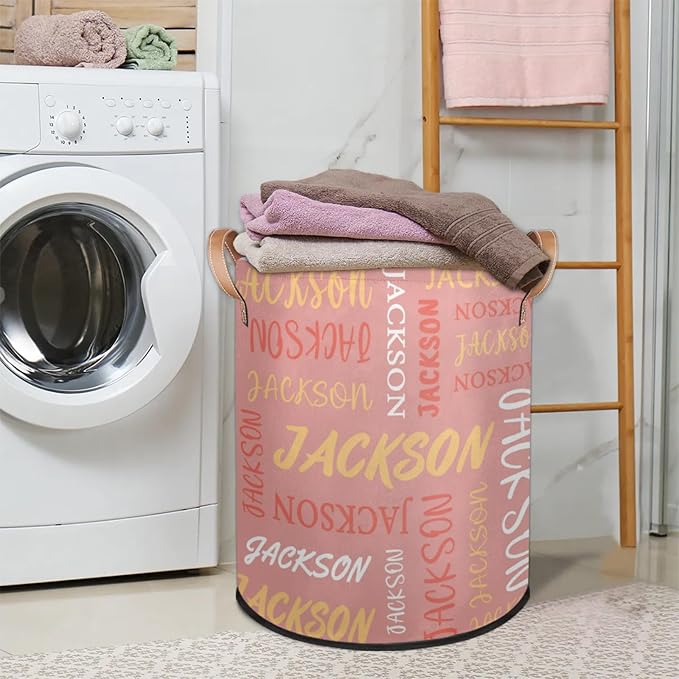 Custom Name Large Laundry-Basket for Kids-Boys-Girls, Personalized Foldable Waterproof Laundry Hamper Dirty Clothes Toys Storage Bin with Handles,Pink