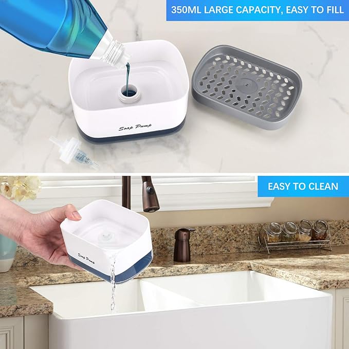 Kitchen Dish Soap Dispenser with Sponge Holder, 2-in-1 Countertop Soap Pump Dispenser, for Kitchen Sink Dishwashing Soap Dispenser - 12.5 Ounces