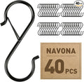 Navona 40 Pcs S Hooks for Hanging Heavy Duty, 3.5-inch Heavy Duty Metal S Hook with Safety Buckle, Suitable for 0.5 inch Rods, S Hook for Hanging Plants, Closet, Kitchen Utensil, Pot, Pan, Bags