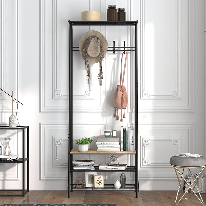 Coat Rack Shoe Bench with Single-Row 5 Hooks 60cm Width, 3-Tier Shelf Entryway Hall Tree with Storage, Metal Frame Multifunctional Organizer, 4-in-1 Coat Rack for Bathroom, Hallway.Grey.