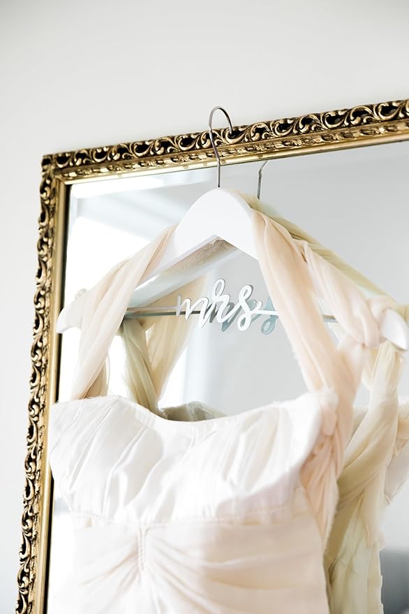 Pearhead Mrs. Wedding Dress Hanger, Wooden Bridal Gown Hanger with Cursive Wire Lettering, Wedding Photo Prop and Bridal Keepsake, White and Silver