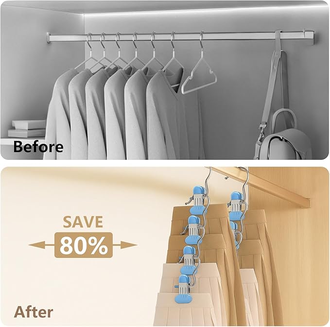 POZEAN Wider Leggings Hangers for Closet 20 Pack, Metal Pants Hangers with Clips, Non-Slip Skirt Boot Jeans Hanger, Stackable Closet Organizer Space Saving Blue