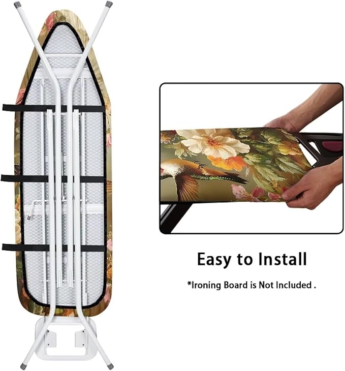 Hummingbird Flower Cover for Ironing Board 15x54 Inch Standard Size Iron Board Cover with Elastic Edge Universal Fit, Hook and Loop Design