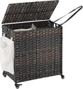 Laundry Hamper with Wheels, 39.6 Gallon(150L) Rolling Laundry Basket with Lid, Removable Large 2 Color Liners & 3 Mesh Laundry Bags, Clothes Hamper with Side Pocket, Brown