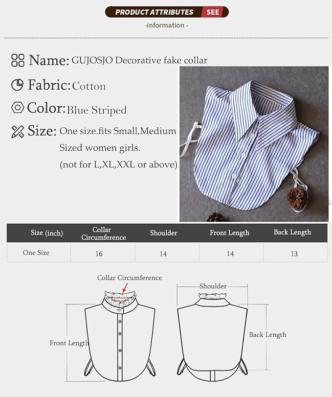GUZOSJO Blue Striped Detachable Collar Shirt,Dickey Half Blouse False Collar for Lady Girls Men
