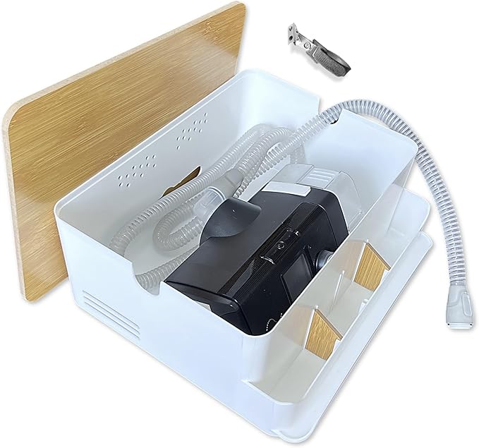 Maximun CPAP Bedside Organizer & Storage Box - Compatible With ResMed AirSense 11/10 Philips DreamStation, Sleep Apnea Machine Protector with Dual Hose Ports, Cable Management - White
